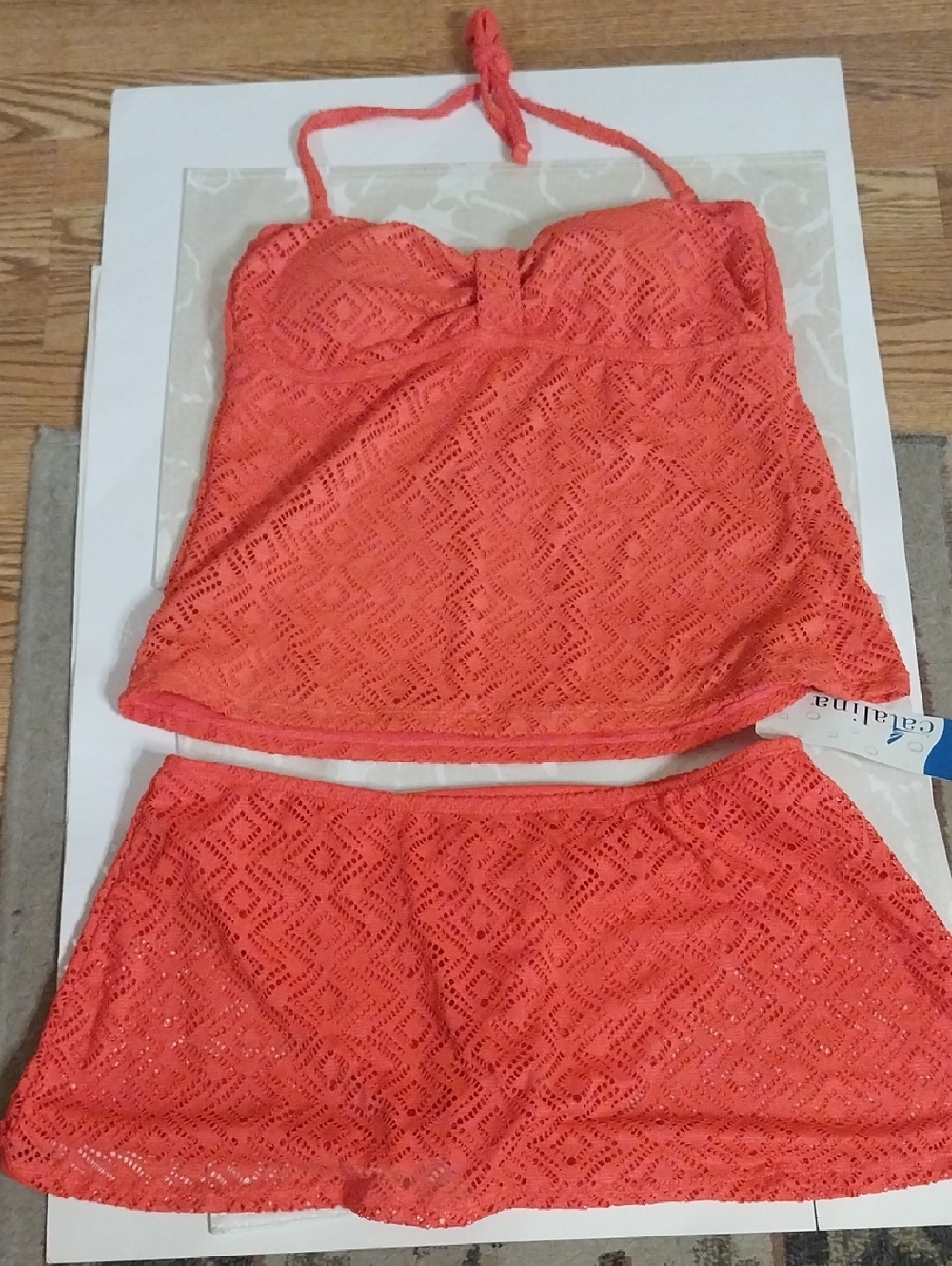 Catalina NWT Crochet Tankini Halter Swim Top & Swim Skirt Size Large 12/14 Coral